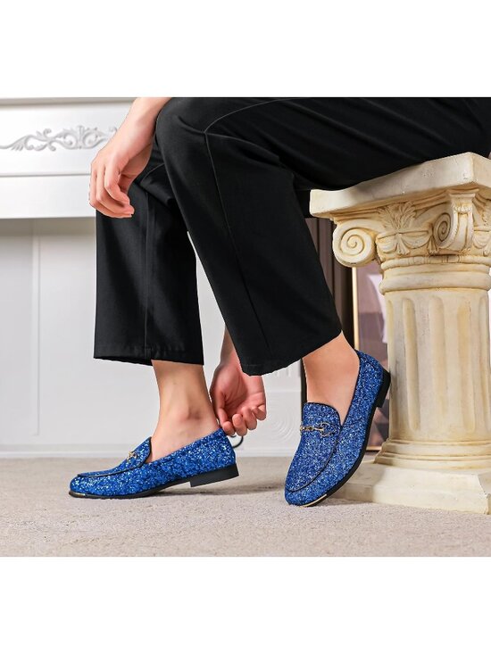 Men\'s Blue Rubber Velvet Leather Glitter With Gold Buckle Loafers Slip On Shoes main image 3